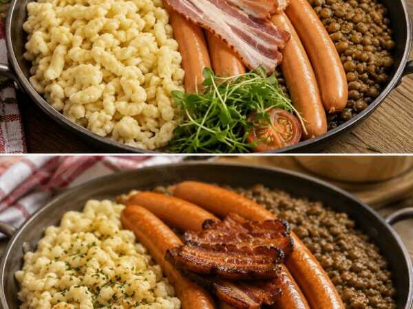 Schwäbische Linsen mit Spätzle, Saitenwürstchen und knusprigem Speck