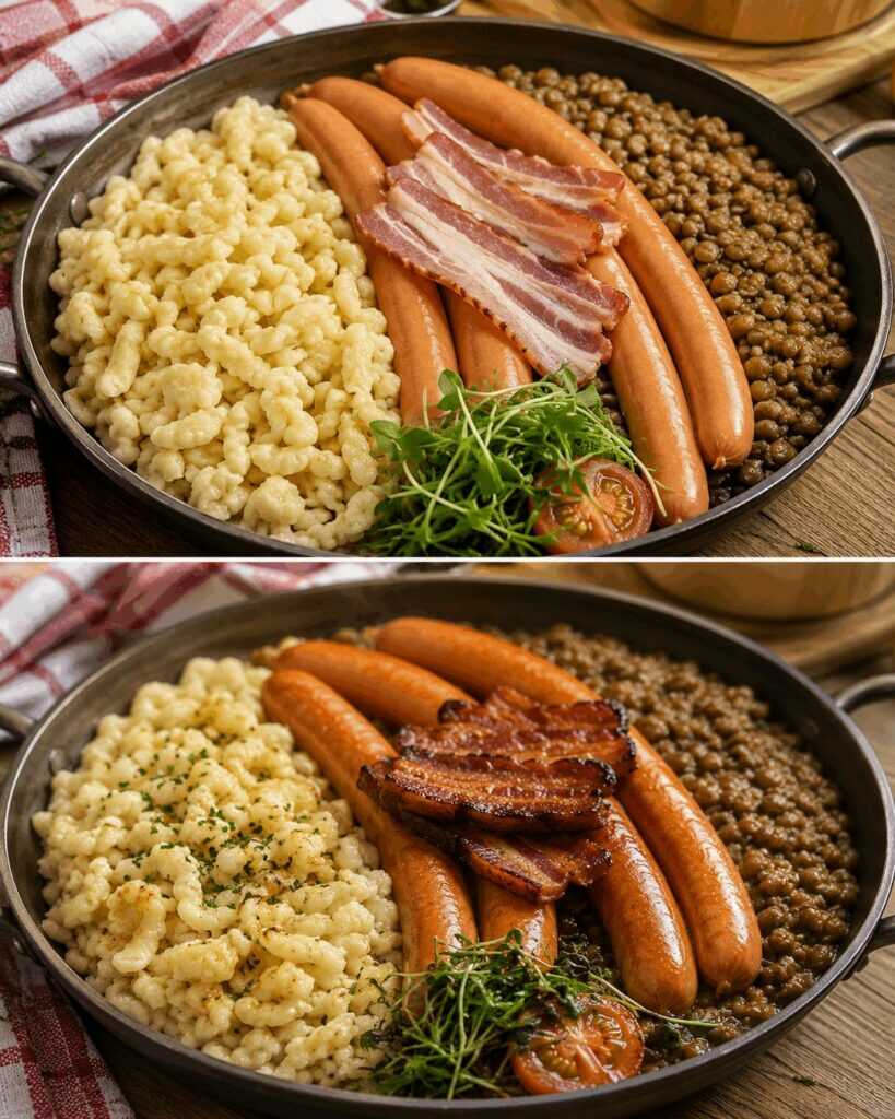 Schwäbische Linsen mit Spätzle, Saitenwürstchen und knusprigem Speck