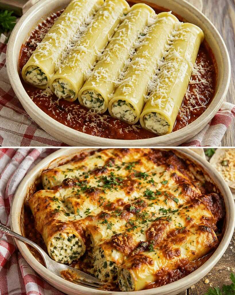 Überbackene Cannelloni mit Ricotta und Spinat – ungekocht gefüllt, garen in der Tomatensauce
