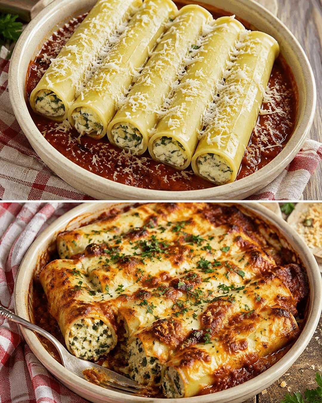 Überbackene Cannelloni mit Ricotta und Spinat – ungekocht gefüllt, garen in der Tomatensauce