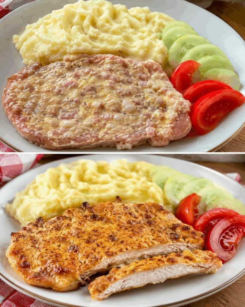 Saftige Schweinekoteletts in Speck-Senf-Kruste mit cremigem Kartoffelpüree