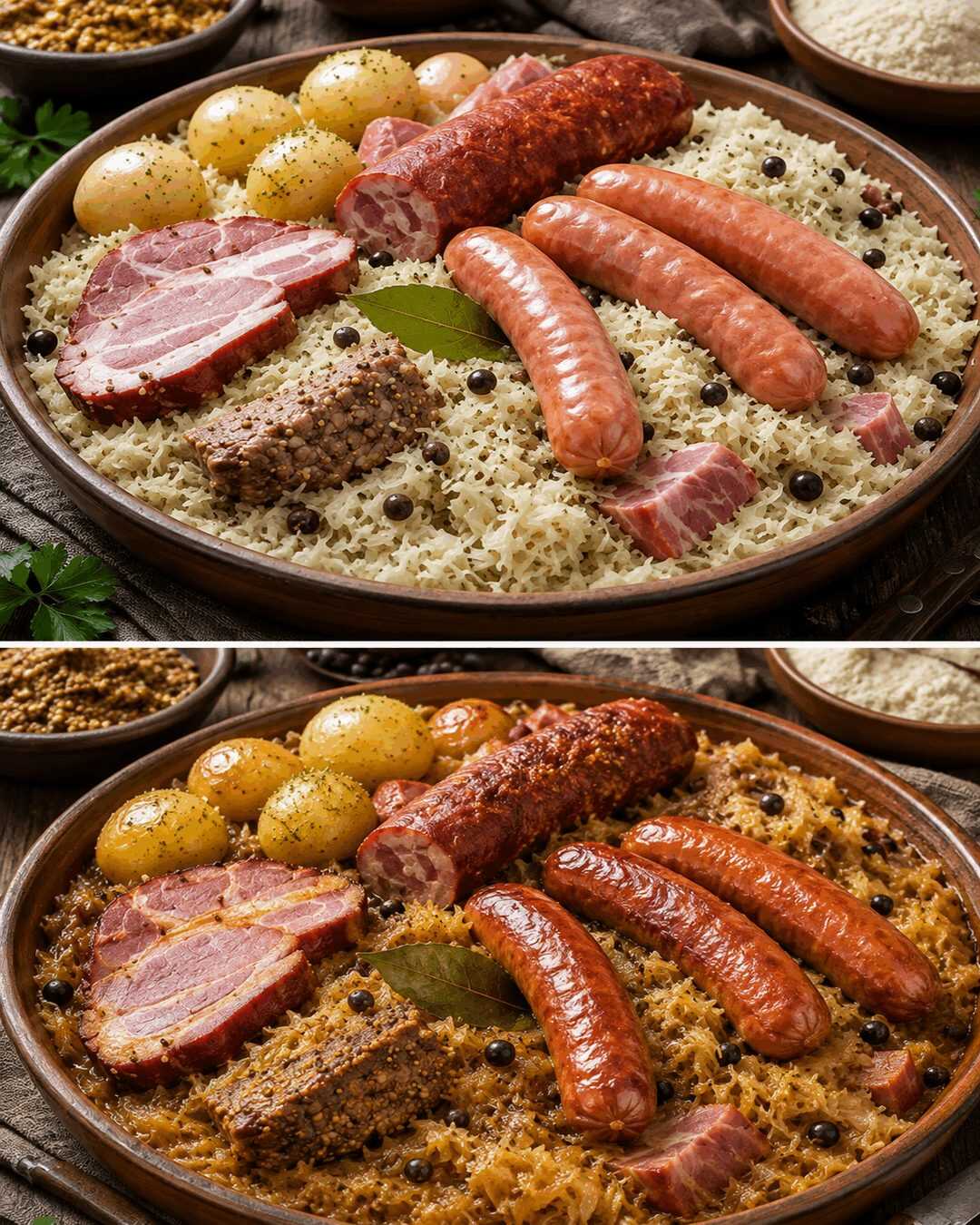 Choucroute Garnie wie im Elsass: Sauerkraut mit dreierlei Fleisch