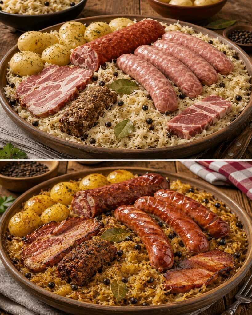 Elsässer Choucroute Garnie – Herzhaftes Sauerkraut mit Würsten, Kasseler und Kartoffeln