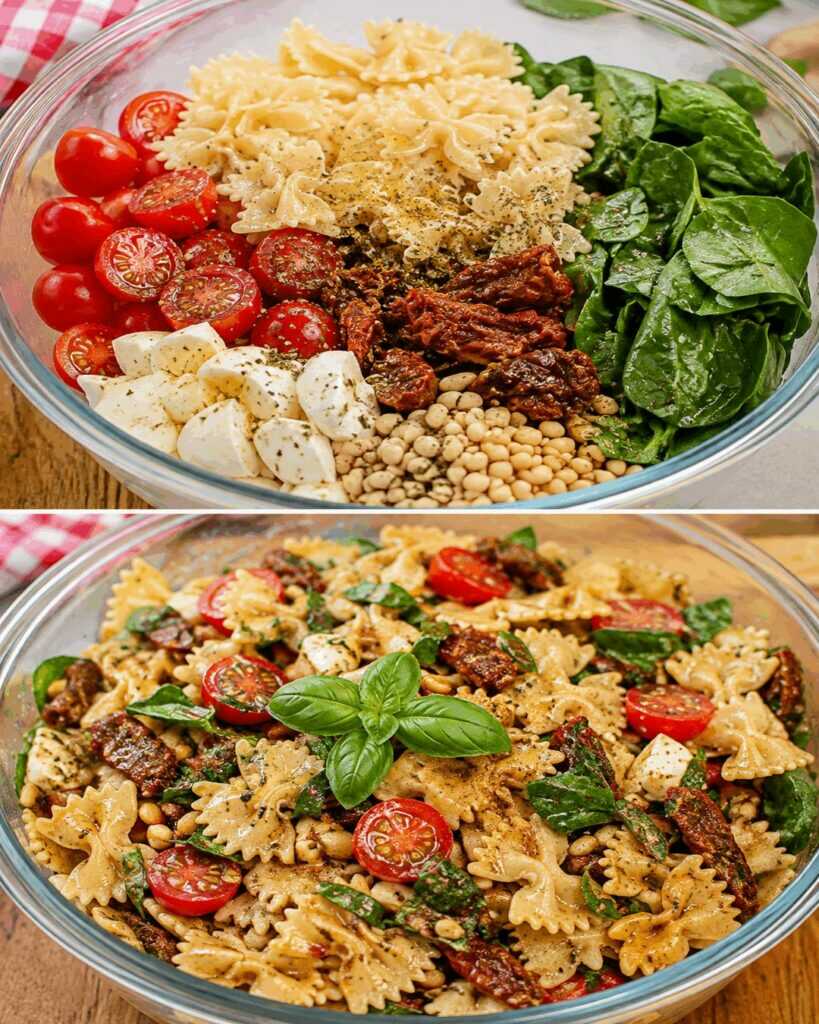 Mediterraner Farfalle-Salat mit Mozzarella, Spinat und getrockneten Tomaten
