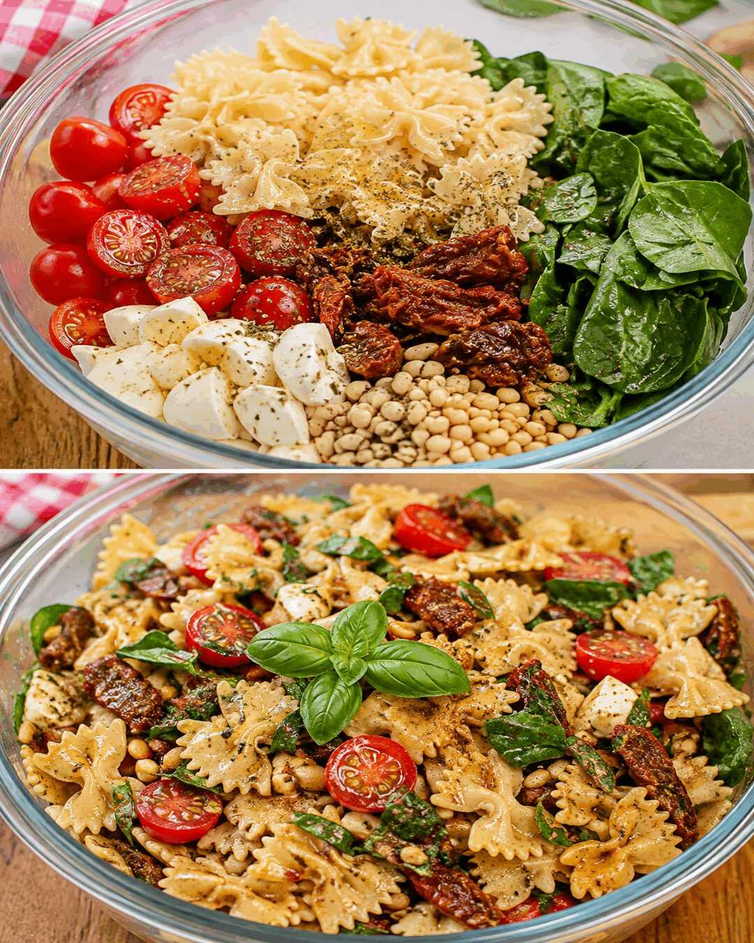 Mediterraner Farfalle-Salat mit Mozzarella, Spinat und getrockneten Tomaten