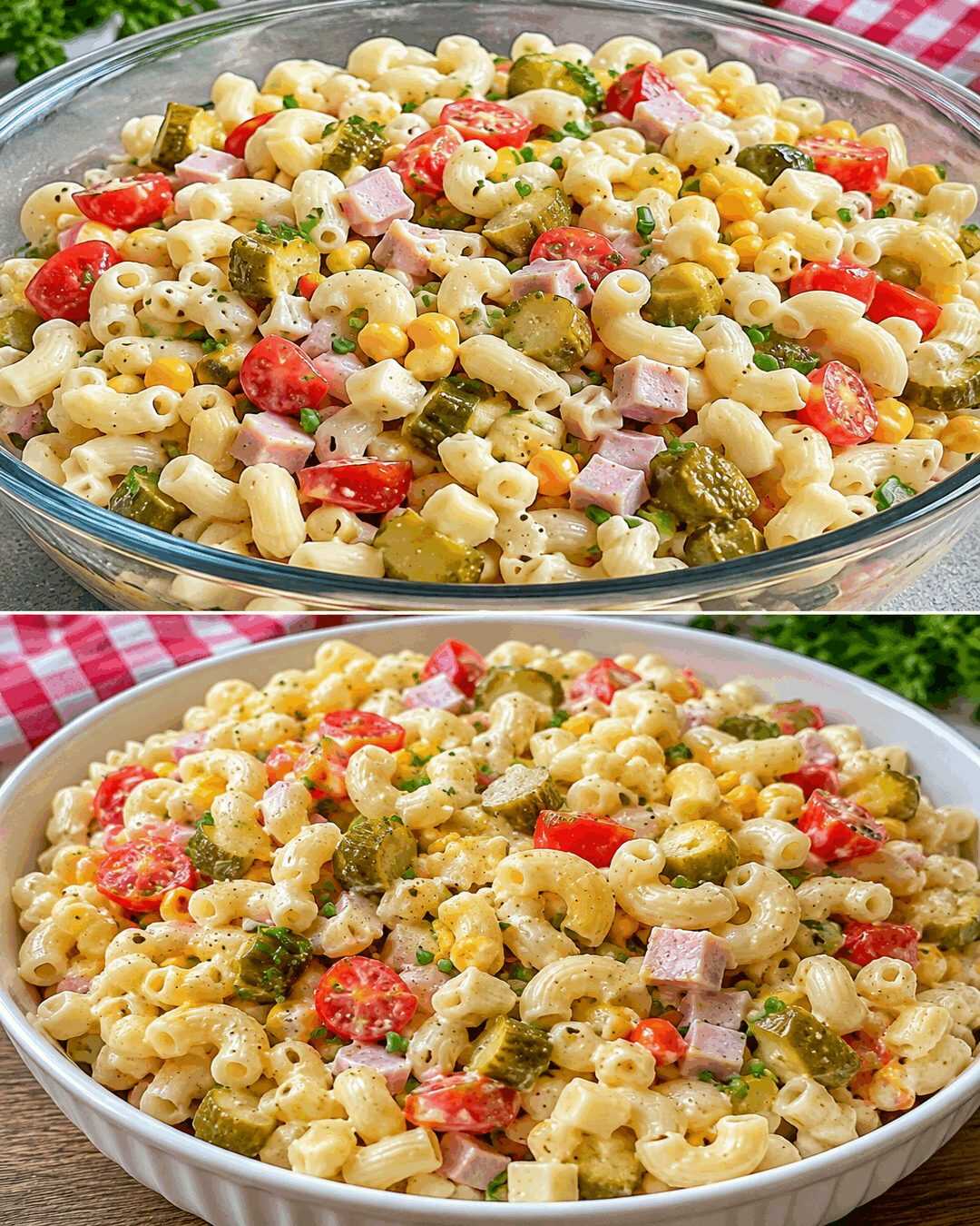 Cremiger Makkaroni-Salat mit Schinken, Käse und Gewürzgurken