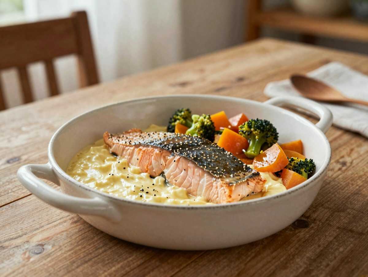 Cremige Fischpfanne mit Lachs, Weißfisch und Gemüse – ein Familienessen zum Verlieben