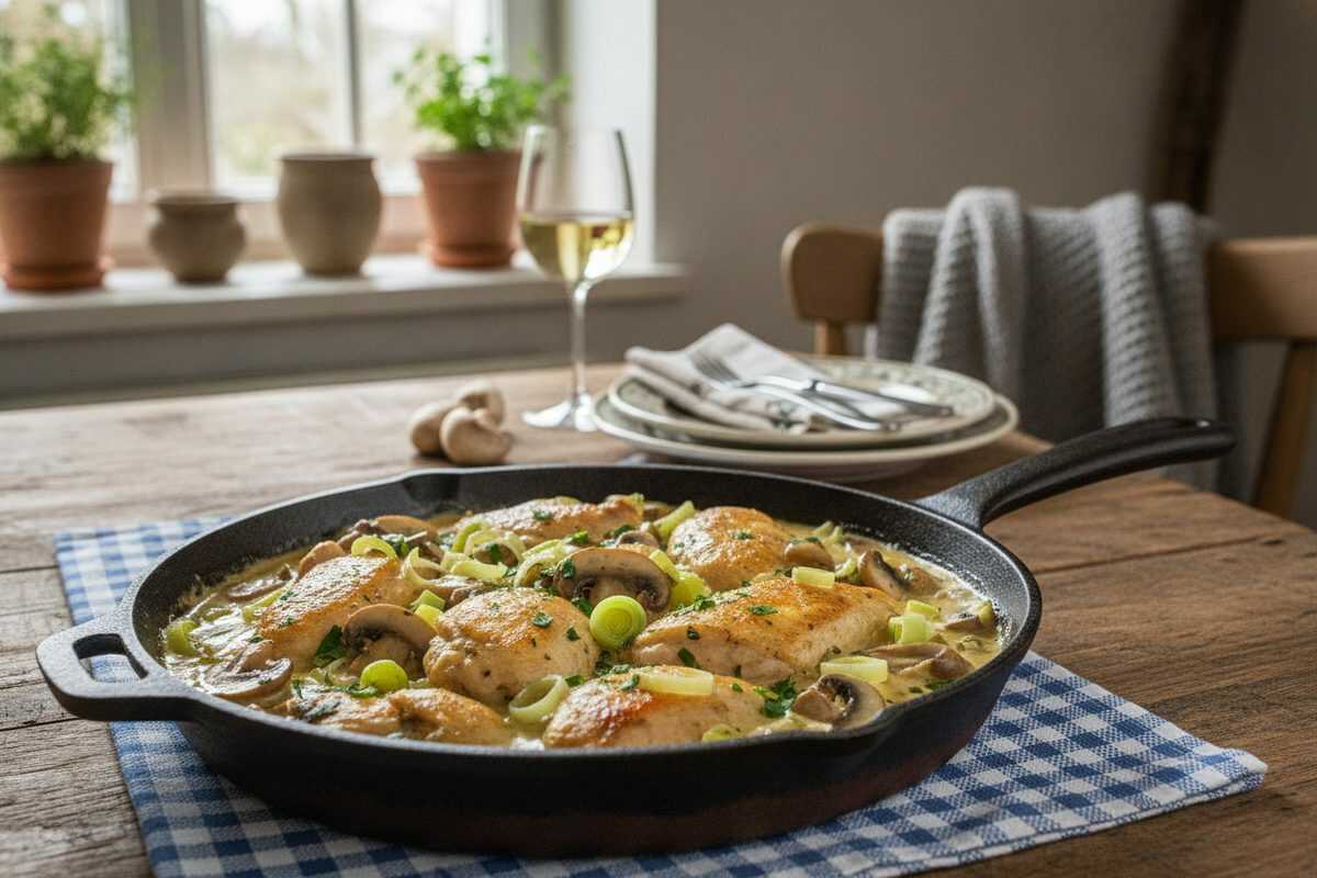 Cremige Hähnchen-Pfanne mit Lauch und Champignons