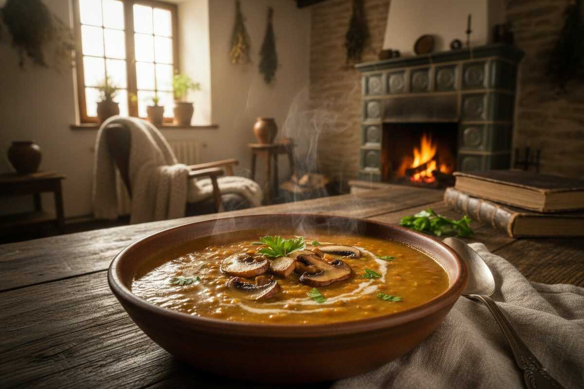 Cremige Linsensuppe mit Pilzen