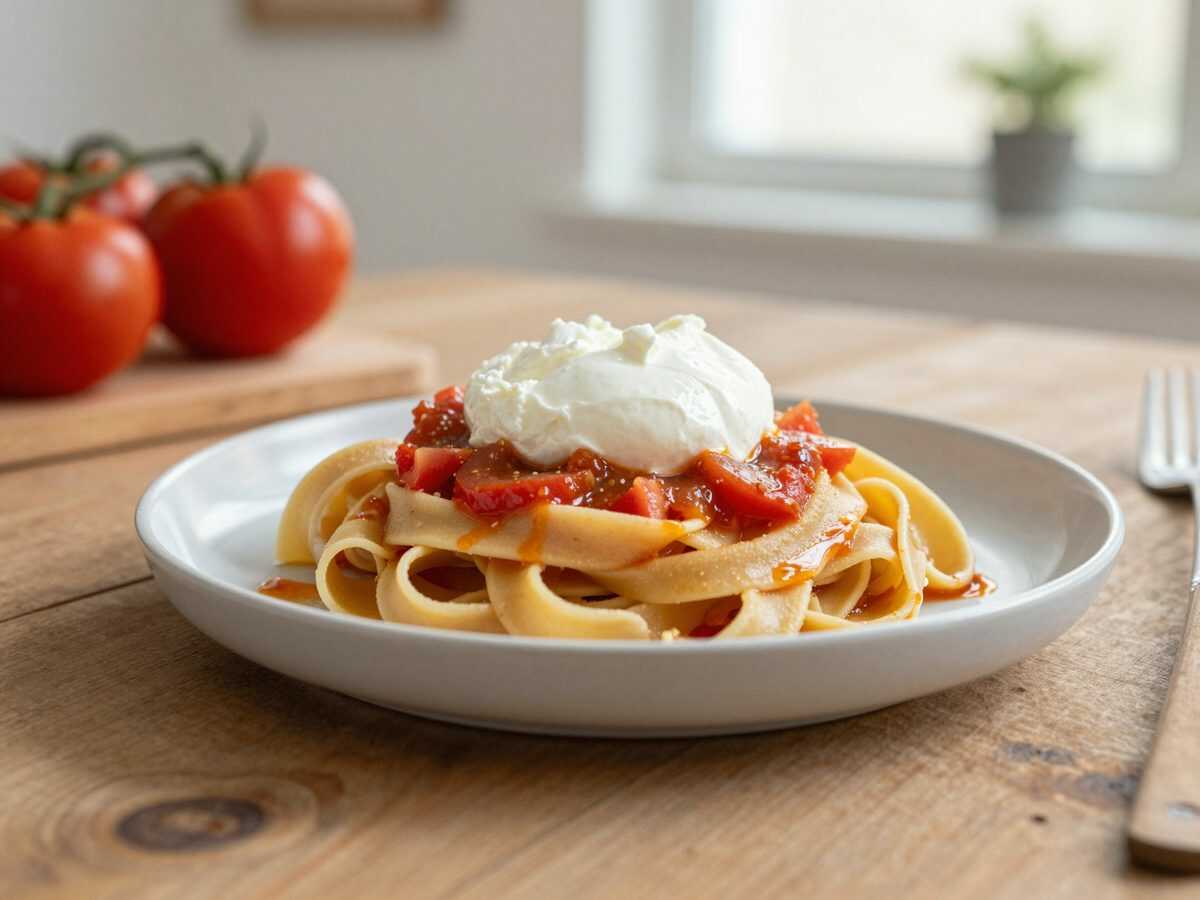 Cremige Tagliatelle mit Ofentomaten und Burrata – einfach, aromatisch und unwiderstehlich