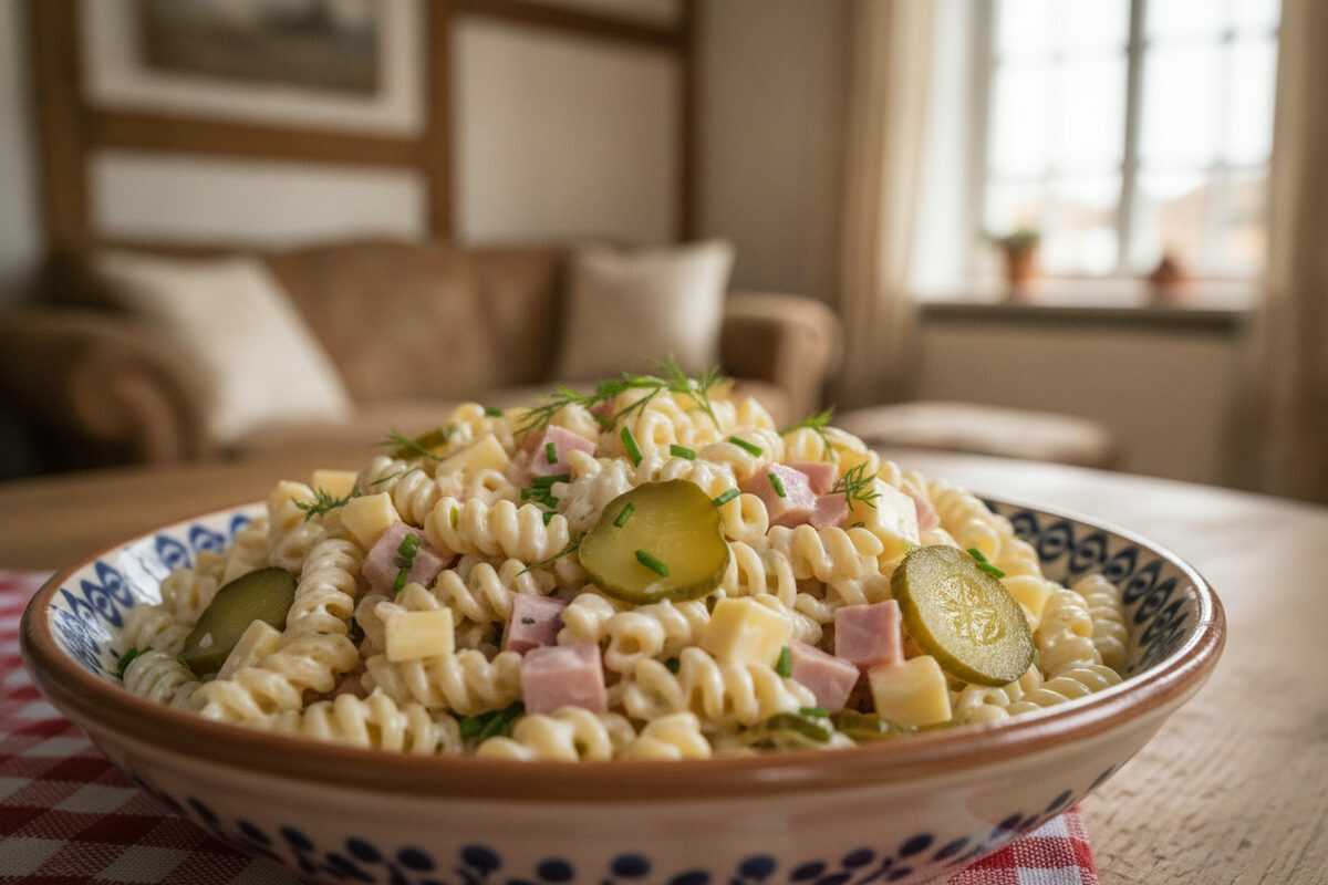 Cremiger Makkaroni-Salat mit Schinken, Käse und Gewürzgurken