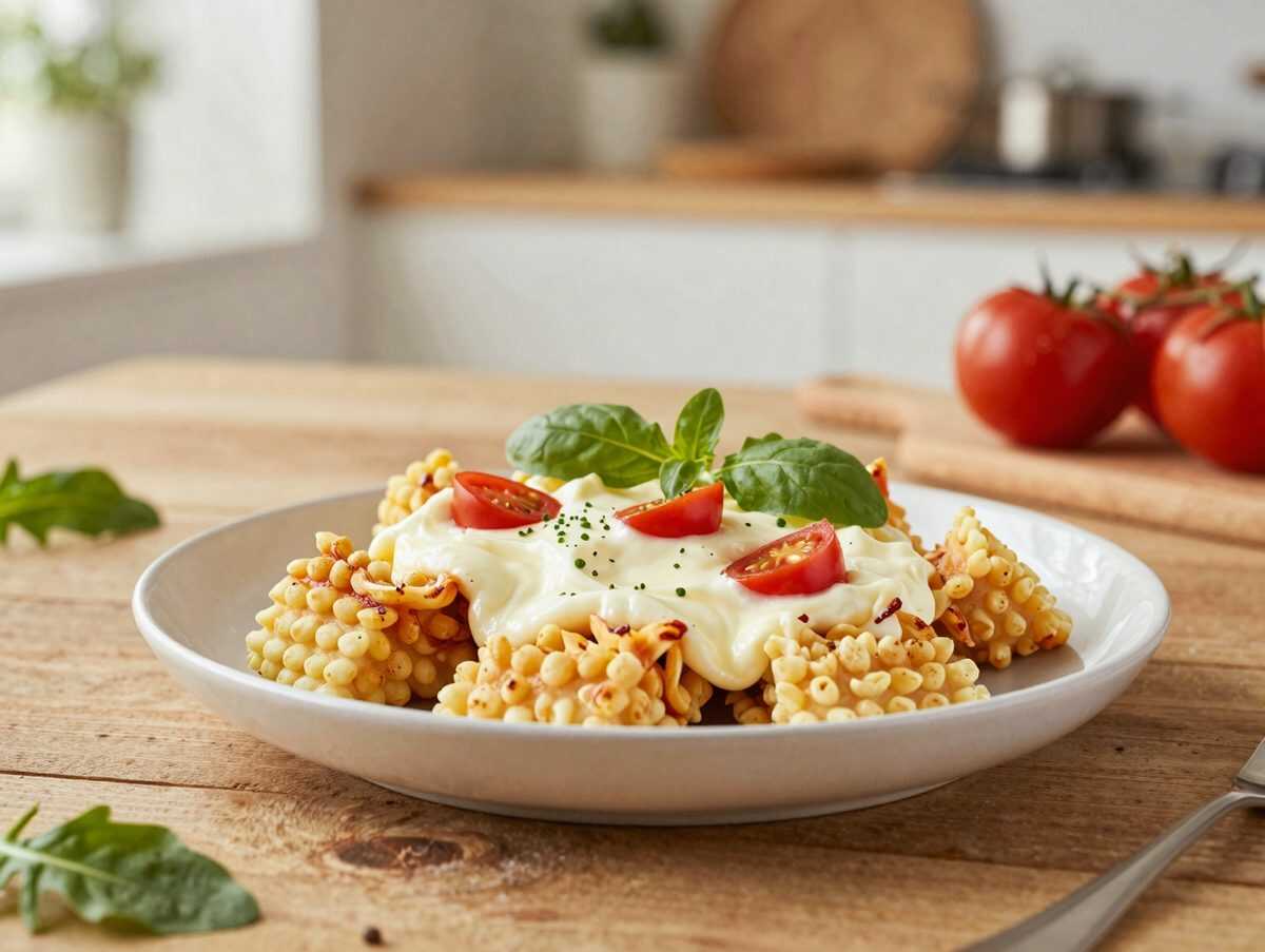Cremiger Nudelauflauf mit Mozzarella, Rucola und getrockneten Tomaten