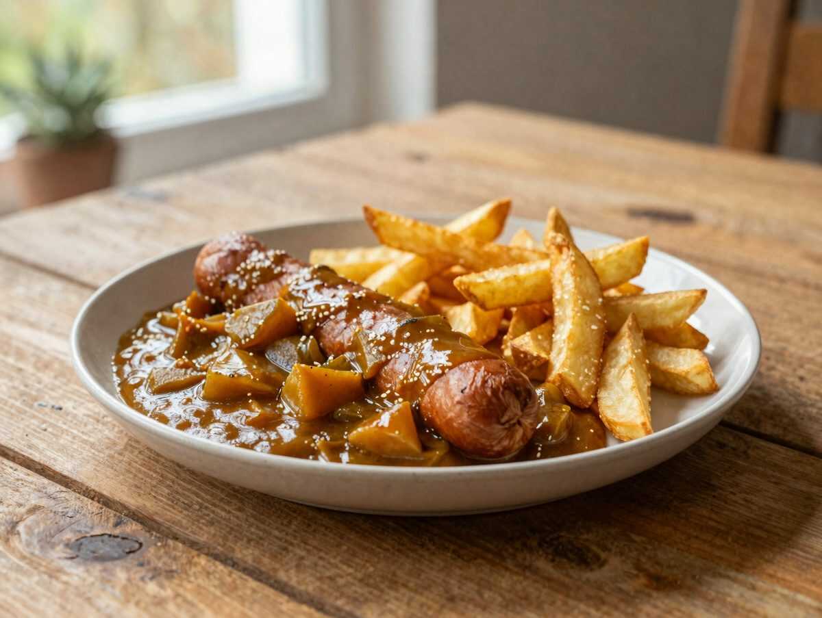 Currywurst mit selbstgemachter Currysoße und knusprigen Pommes