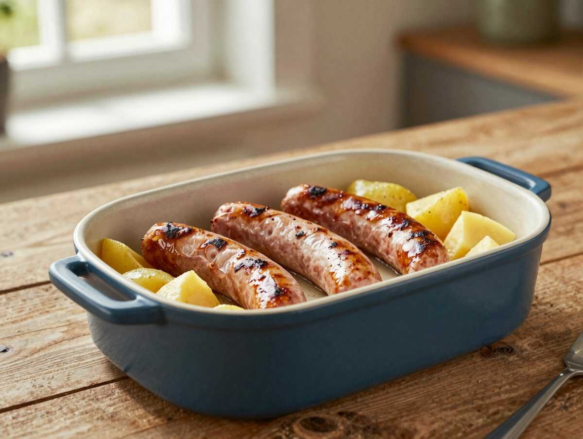 Deftiger Sauerkrauttopf mit Bratwurst, Kasseler und Kartoffeln aus dem Ofen