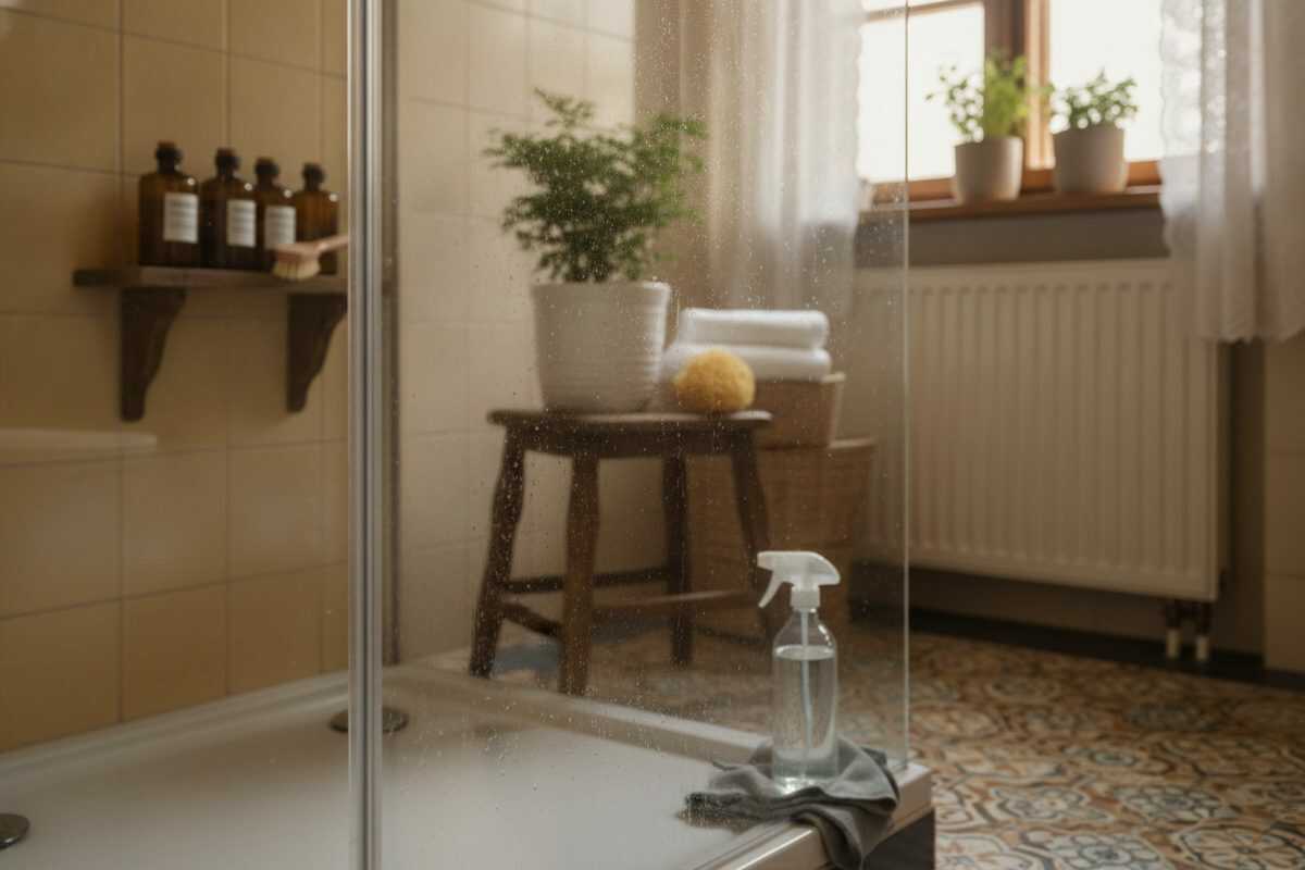 Alte Kalkablagerungen auf Duschglas mit einer Essigkompresse lösen
