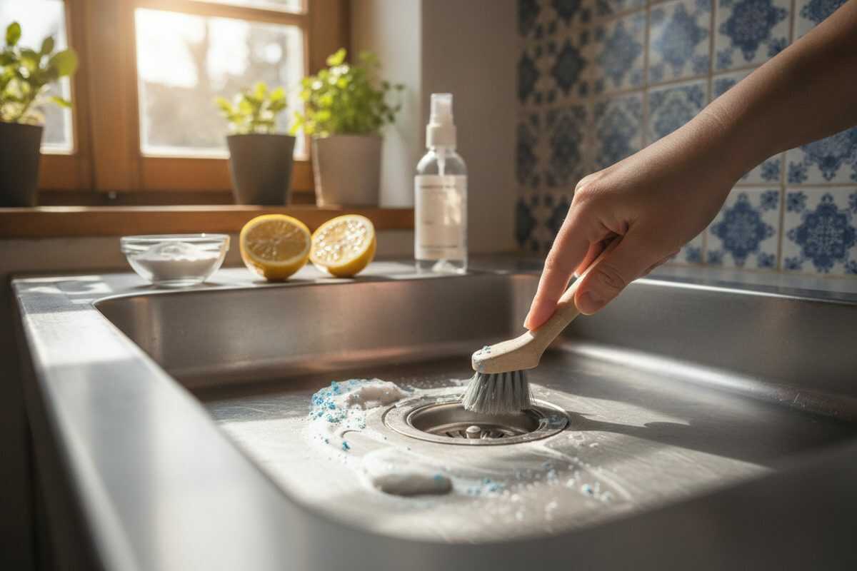 Abflusssieb einer Edelstahlspüle mit weicher Bürste reinigen