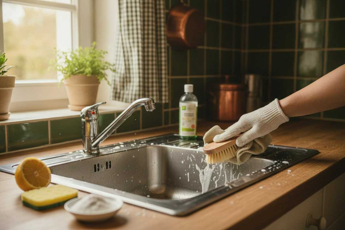 Spülmittel, Natron und Haushaltsessig als Hausmittel für die Edelstahlspüle im Vergleich