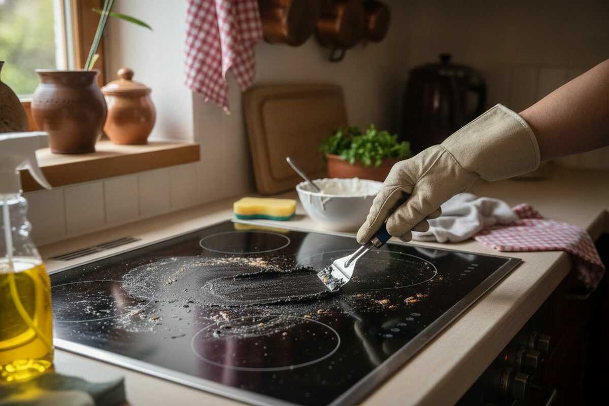 Alte eingebrannte Fettflecken auf dem Herd Schicht für Schicht lösen