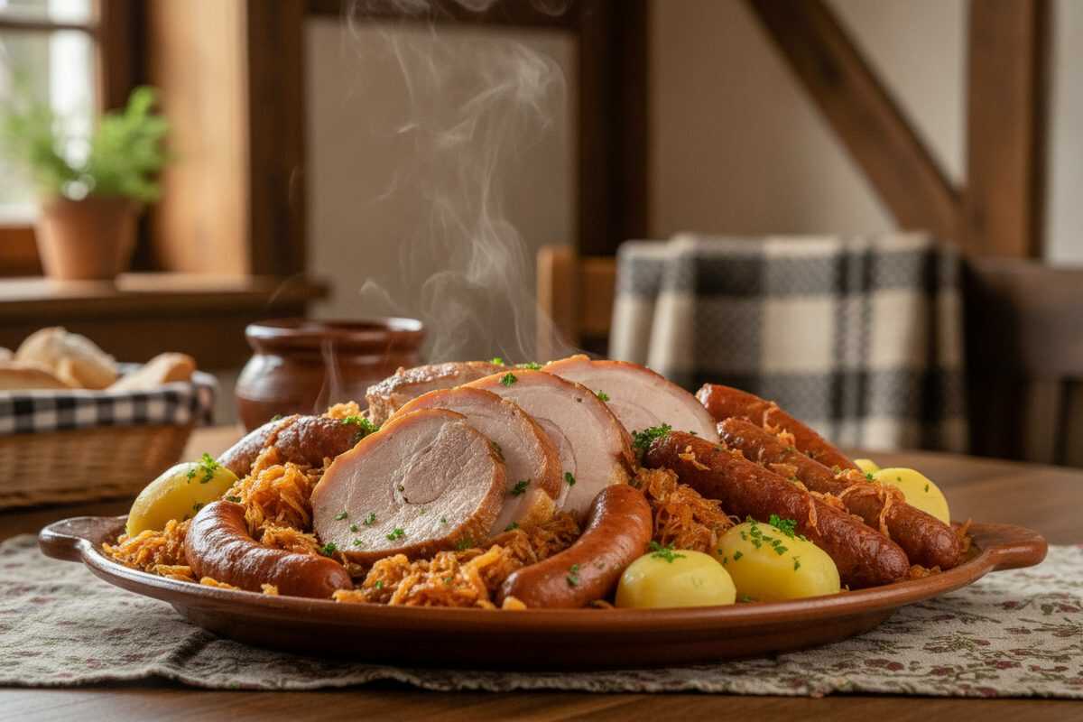 Elsässer Choucroute Garnie – Herzhaftes Sauerkraut mit Würsten, Kasseler und Kartoffeln
