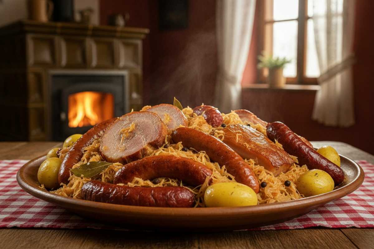 Elsässer Choucroute Garnie – Herzhaftes Sauerkraut mit Würsten, Kasseler und Kartoffeln
