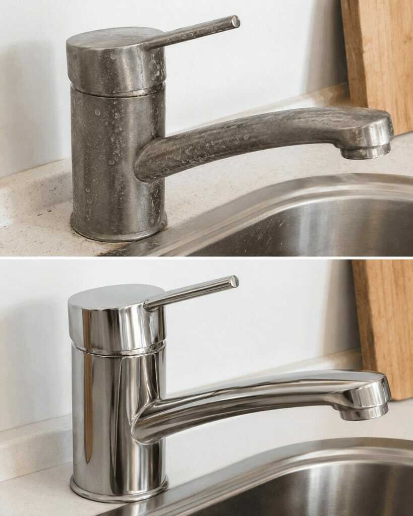 Kalkflecken am Wasserhahn entfernen – mit einem Mikrofasertuch und Essigwasser zu neuem Glanz