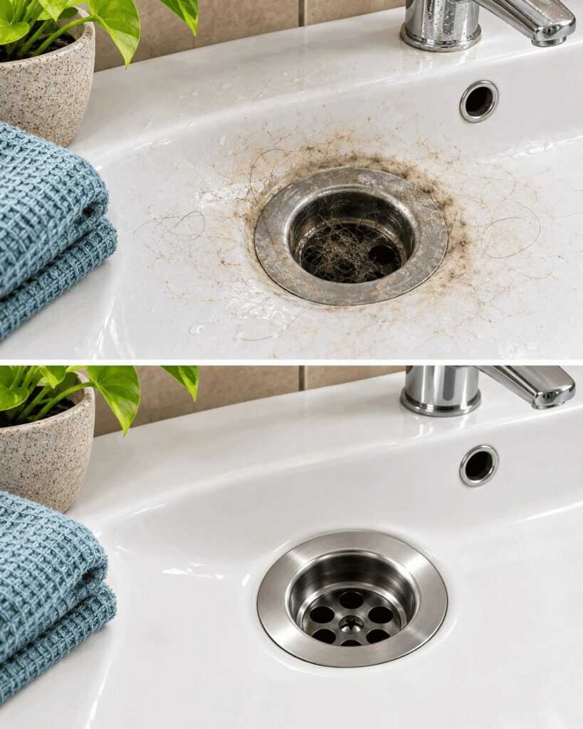 Haare und Schmutz aus dem Abflussloch im Waschbecken holen