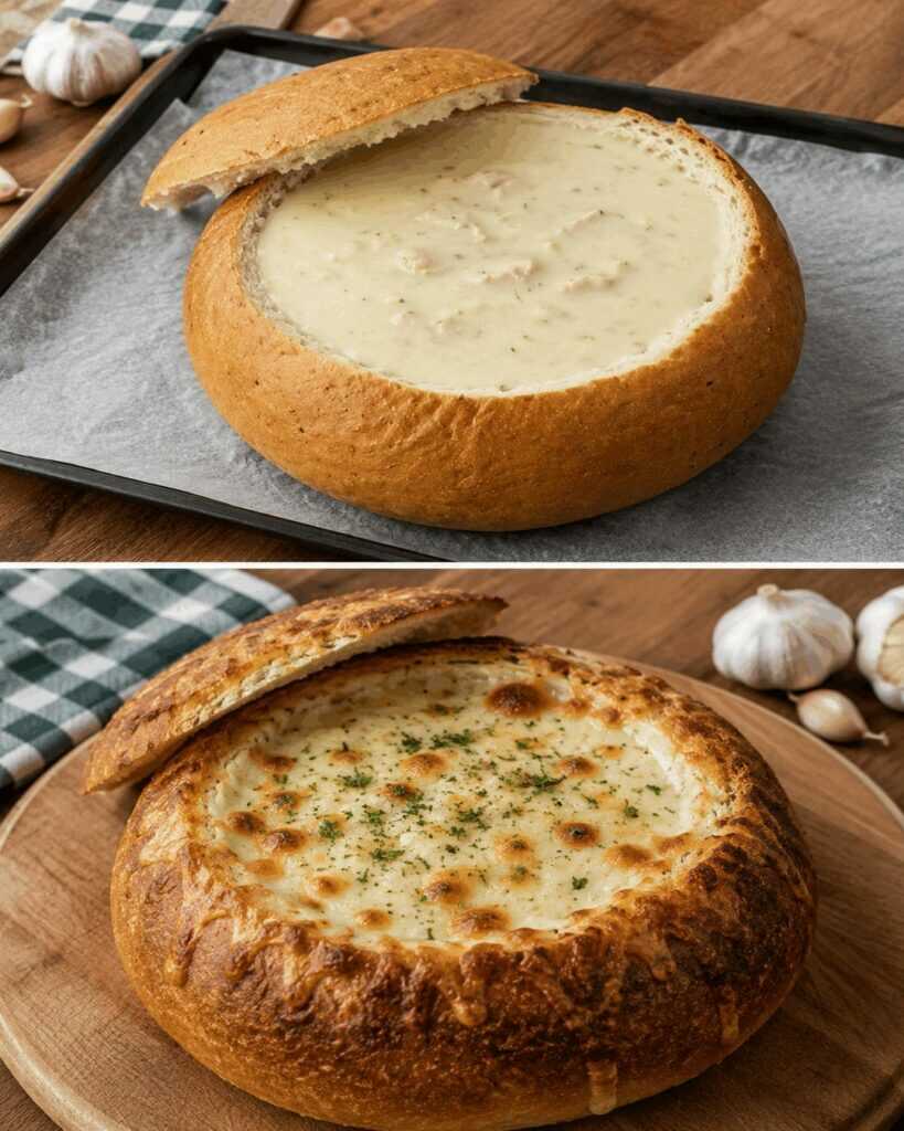 Leckere Knoblauchsuppe im Brotlaib