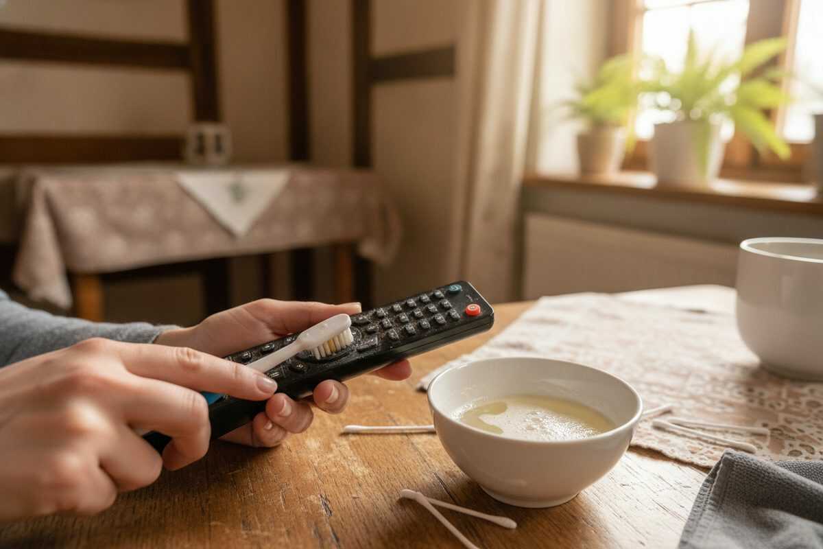 Fernbedienung gründlich reinigen: Mit Essig und Spülmittel Schmutz zwischen den Tasten sicher entfernen