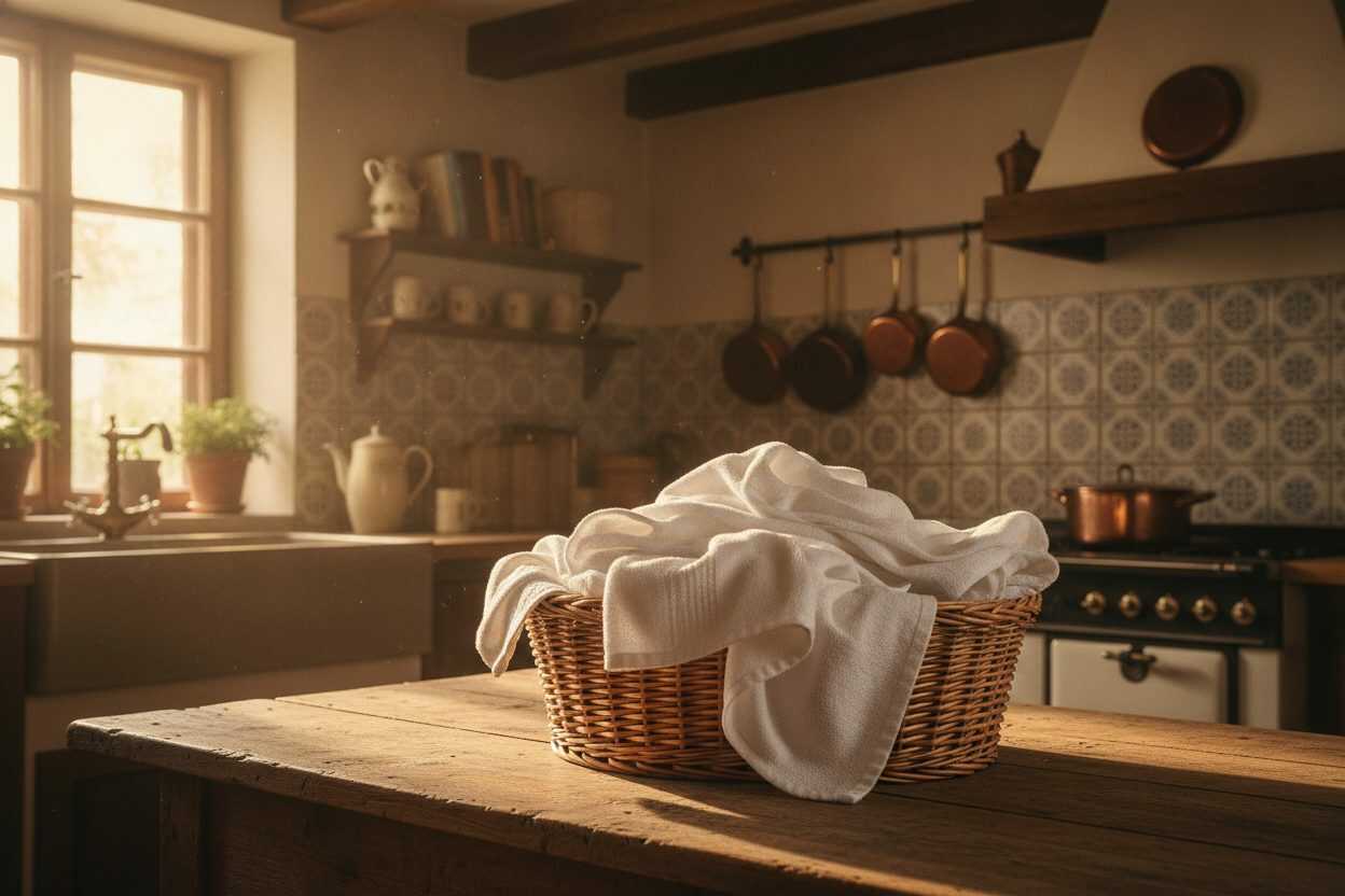 Flauschige weiße Handtücher in einem Korb auf einem Holztisch