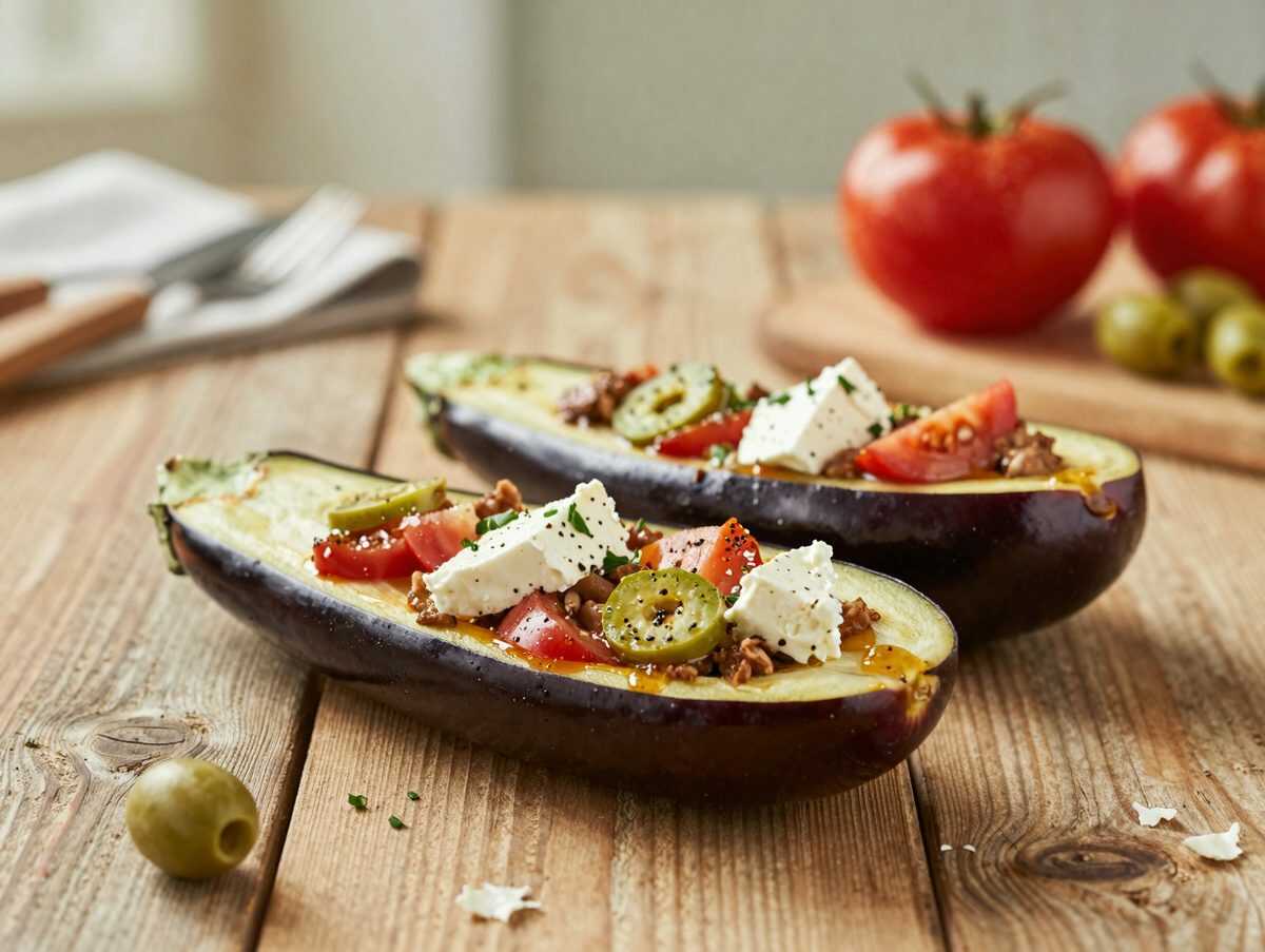 Griechisch gefüllte Auberginen mit Feta, Tomaten und Oliven