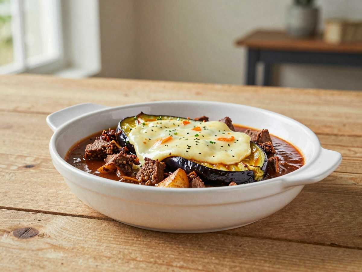 Griechische Moussaka mit Auberginen, würziger Hackfleischsauce und cremiger Béchamel