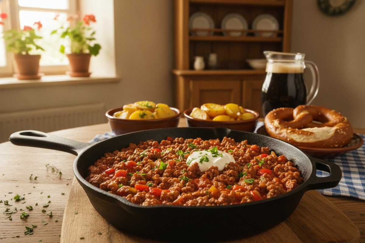 Herzhafte Rinderhackfleisch-Pfanne in Tomatensauce