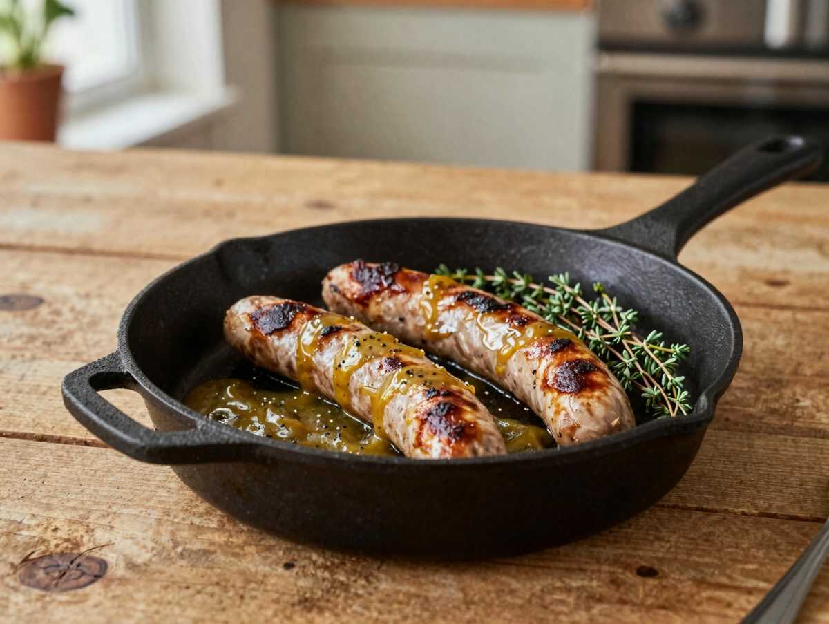 Herzhafte Bratwurstpfanne mit Senf-Zwiebel-Sauce und Thymian