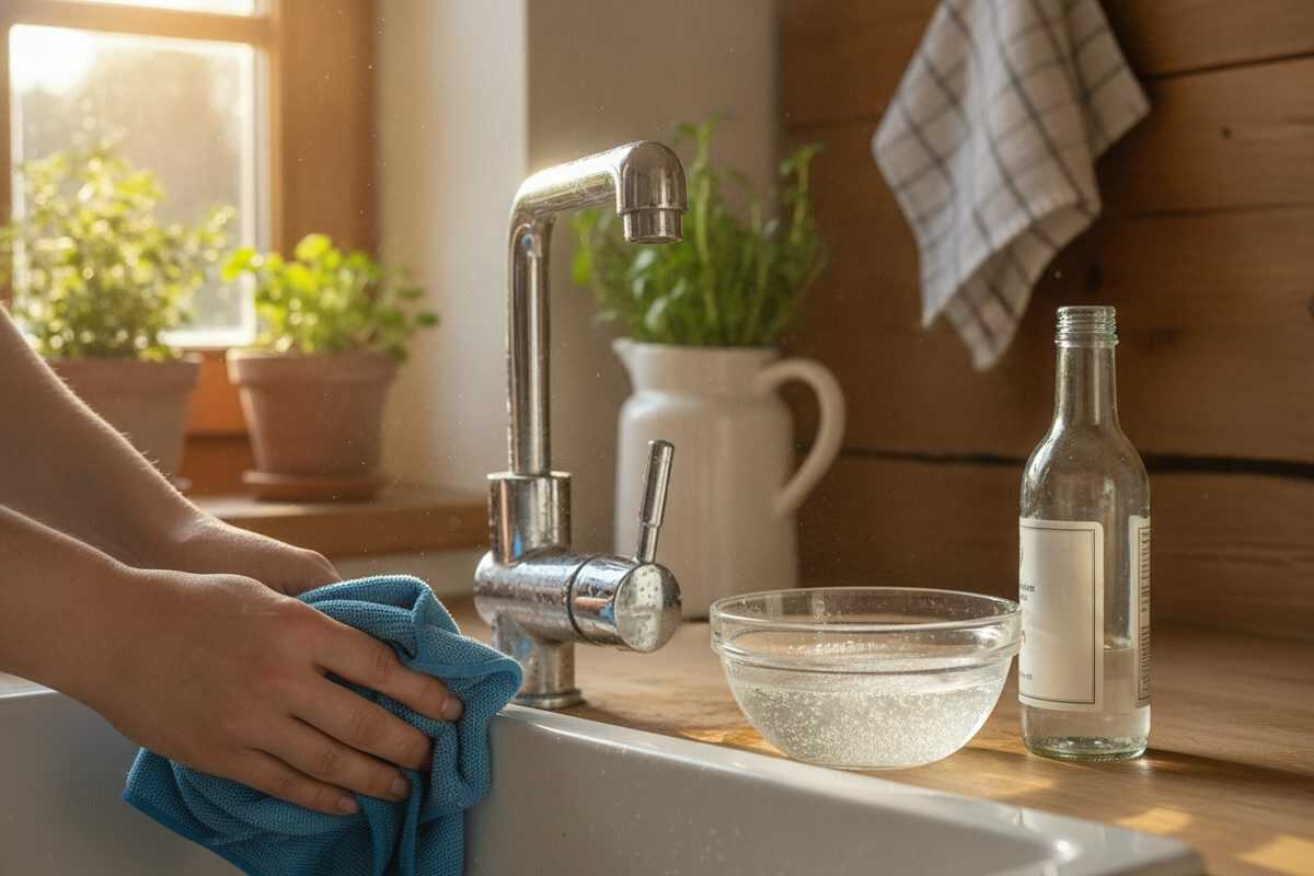 Kalkflecken am Wasserhahn entfernen – mit einem Mikrofasertuch und Essigwasser zu neuem Glanz