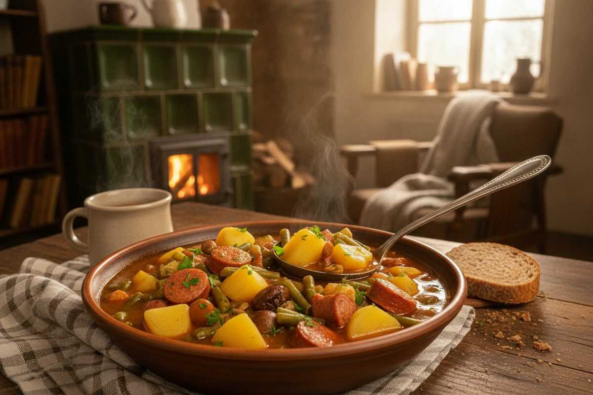 Kartoffel-Bohnen-Eintopf mit Wurst und Champignons