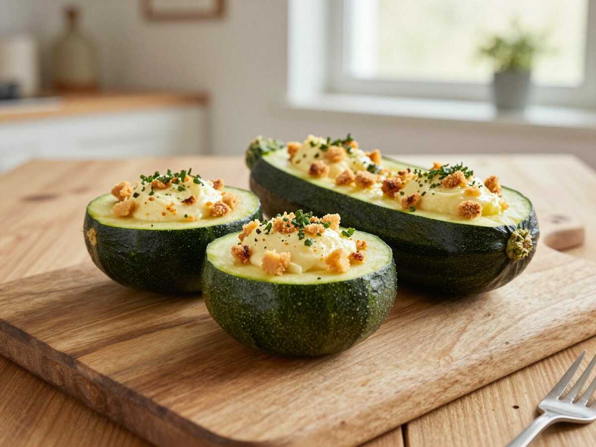 Knusprig überbackene Zucchini-Boote mit Parmesan und Kräuterbröseln