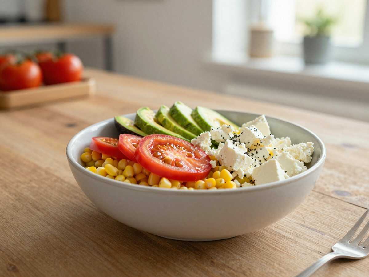 Knusprige Avocado-Eier-Bowl mit Mais, Tomaten und Feta aus dem Ofen