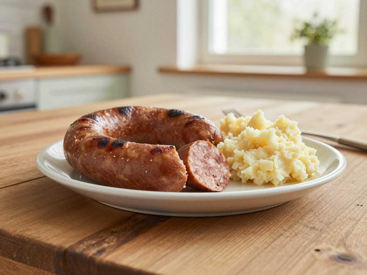 Knusprige Blutwurst mit Kartoffelpüree und Röstzwiebeln – deftige Hausmannskost zum Verlieben