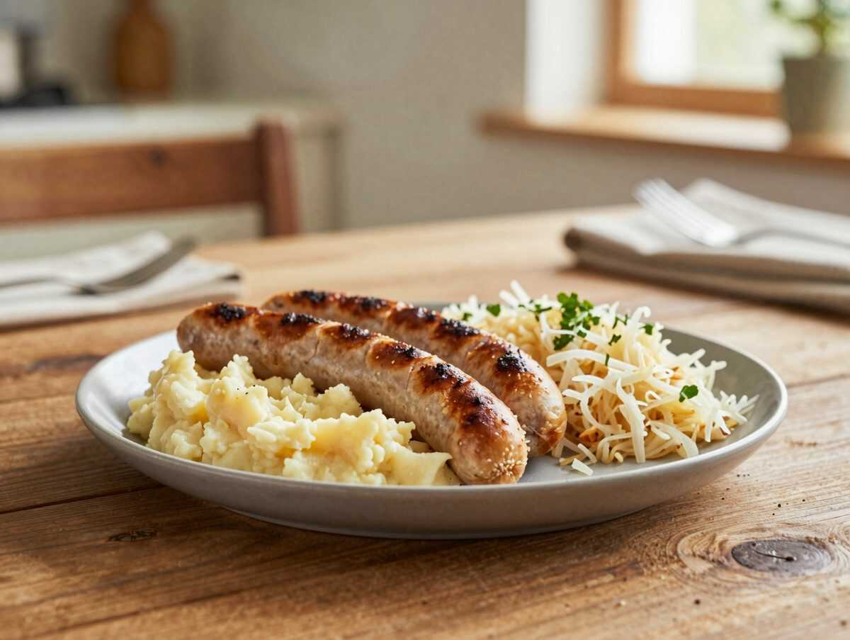 Knusprige Bratwurstschnecke mit Kartoffelpüree und Sauerkraut – deftiges Familienessen wie vom Wirtshaus