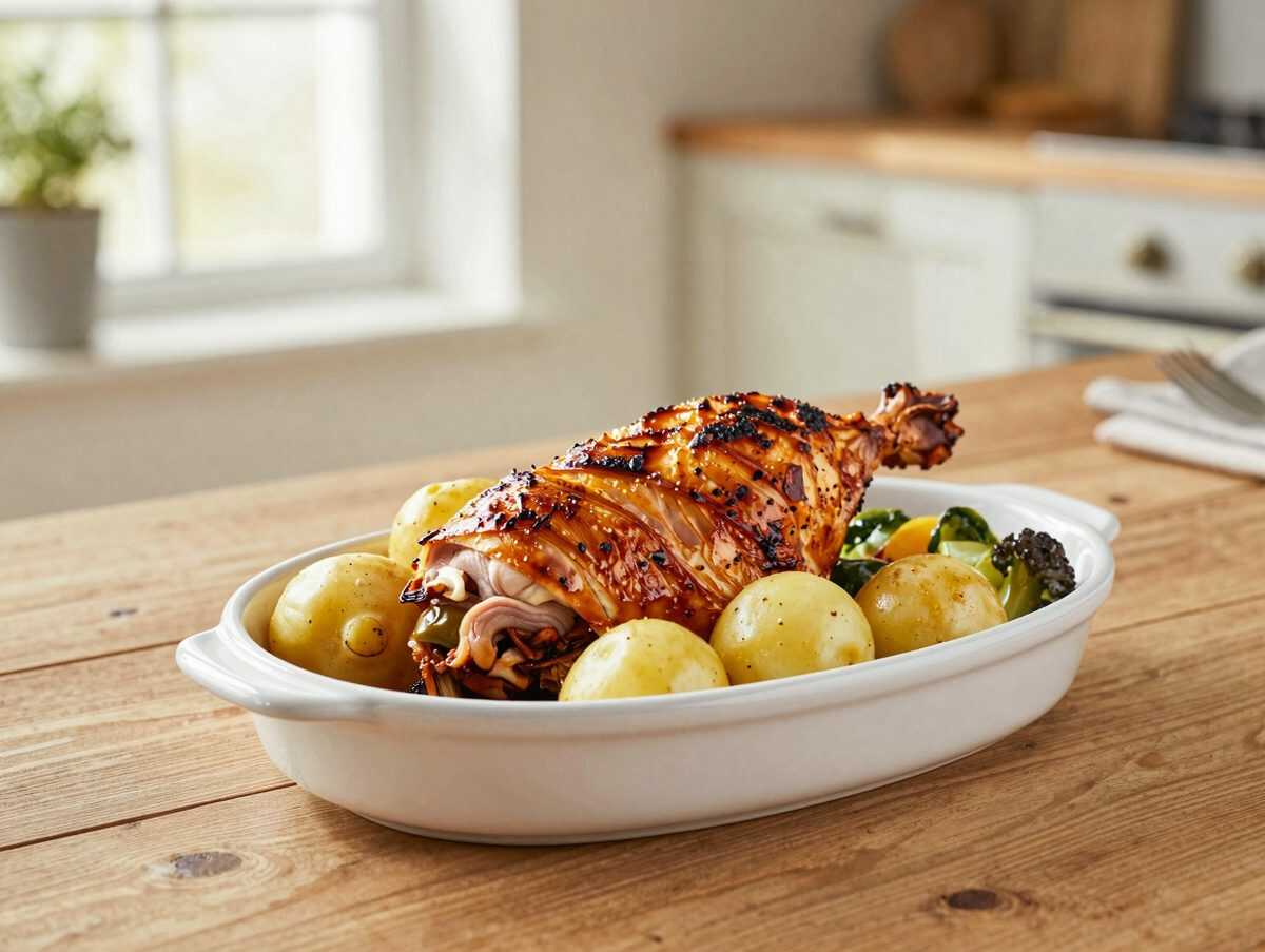 Knusprige Hähnchenkeulen aus dem Ofen mit Kartoffeln und Gemüse
