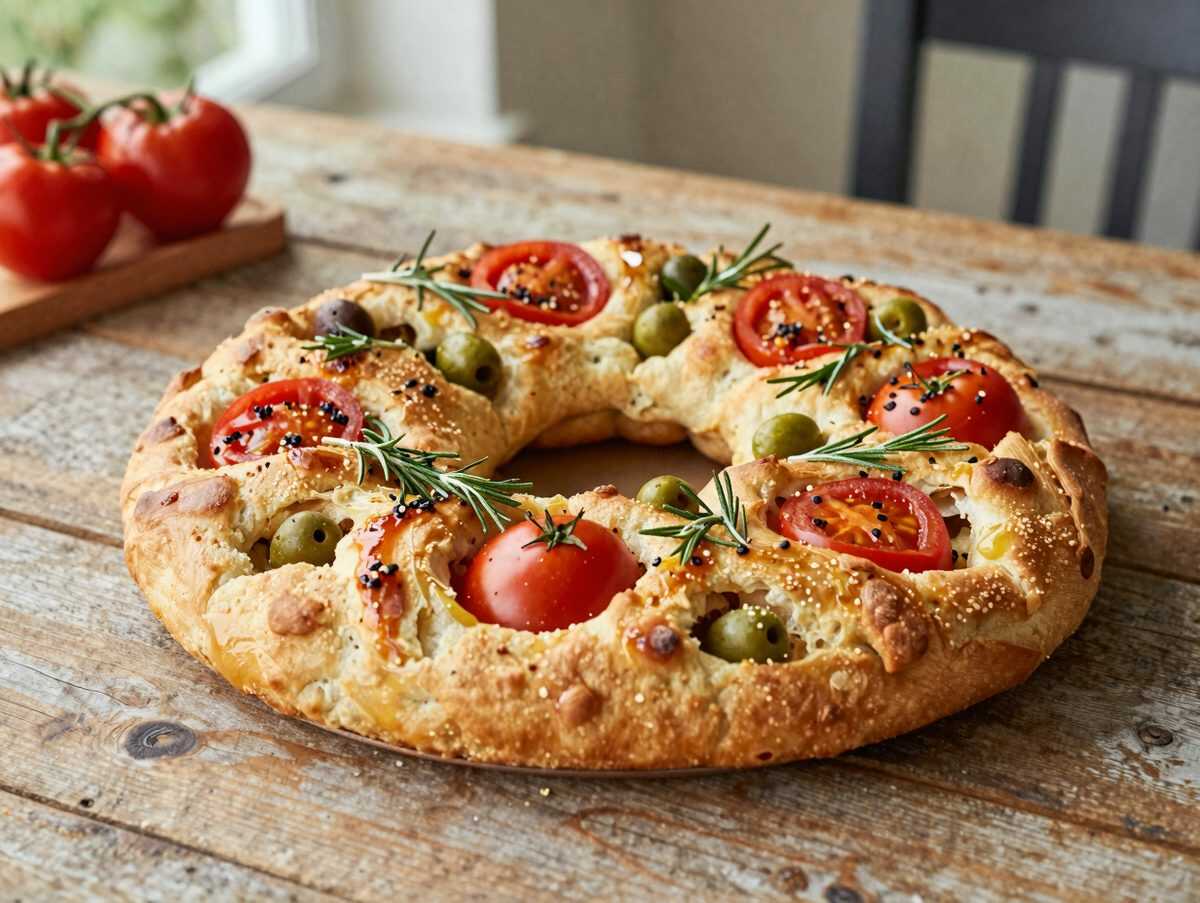 Knuspriger Focaccia-Kranz mit Oliven, Kirschtomaten und Rosmarin – außen goldbraun, innen herrlich luftig