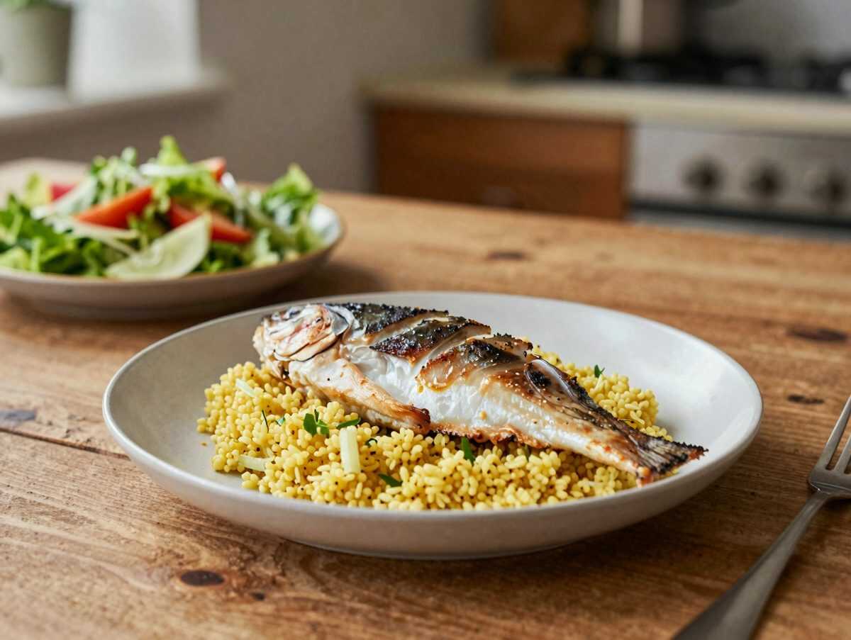 Knuspriger Ofenfisch mit Couscous und buntem Krautsalat – ein köstliches Familiengericht