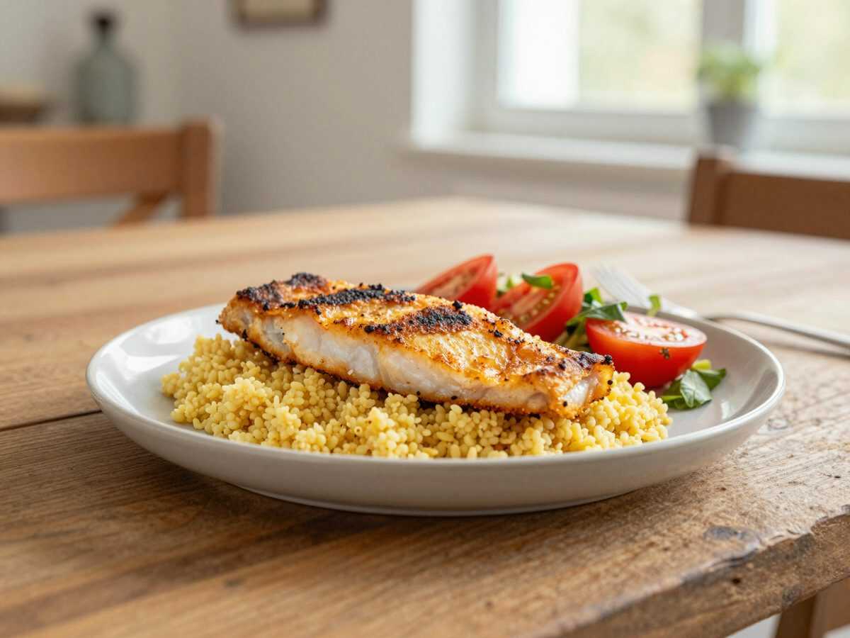 Knuspriger Pfannenfisch mit Couscous, Schmorkohl und frischem Tomatensalat