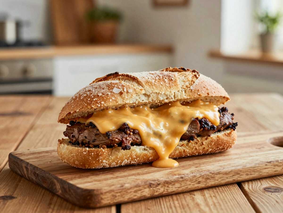 Knuspriges Cheeseburger-Baguette mit Hackfleisch, Cheddar und würziger Burgersauce