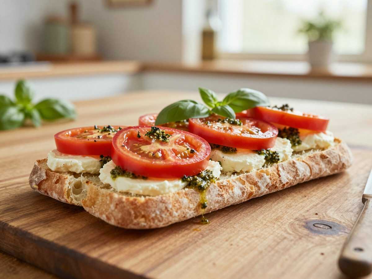Knuspriges Tomaten-Mozzarella-Ciabatta mit Pesto und Basilikum – in 20 Minuten fertig