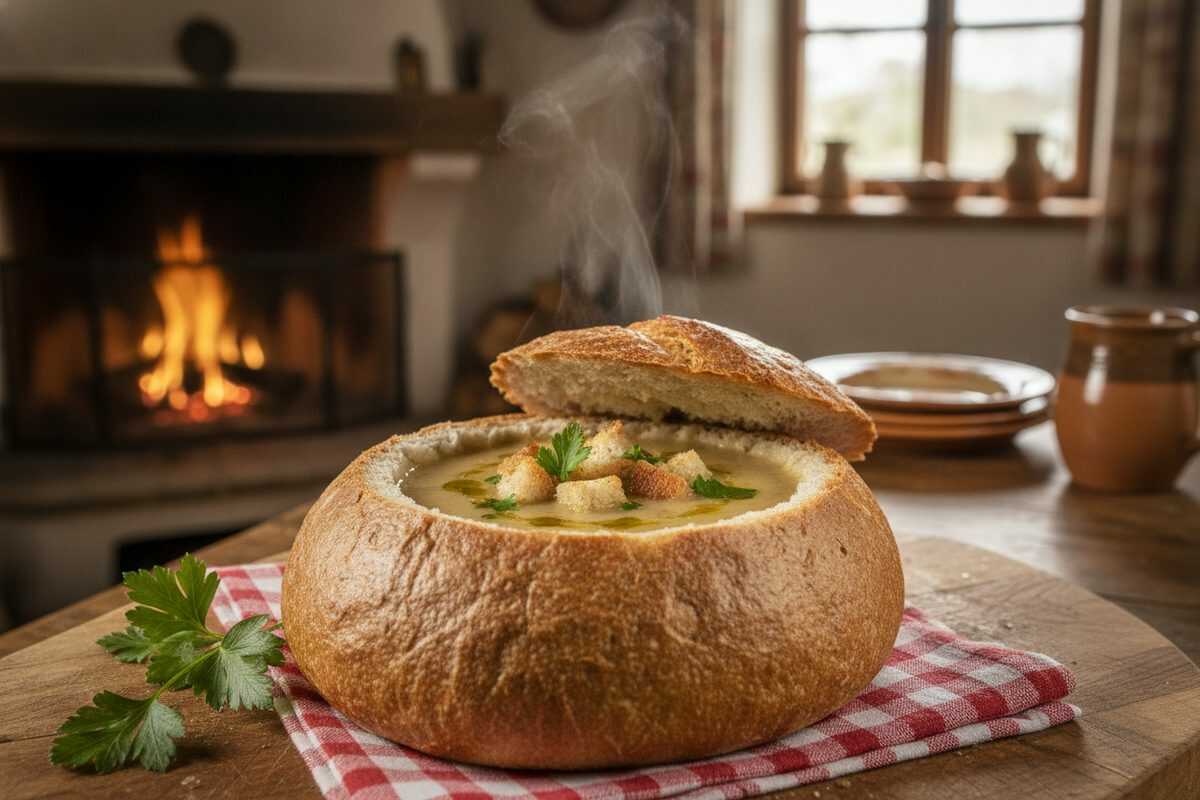 Leckere Knoblauchsuppe im Brotlaib