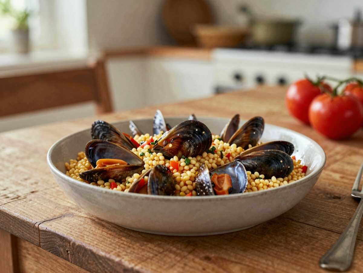 Mediterrane Fregola mit Venusmuscheln und Kirschtomaten aus dem Ofen