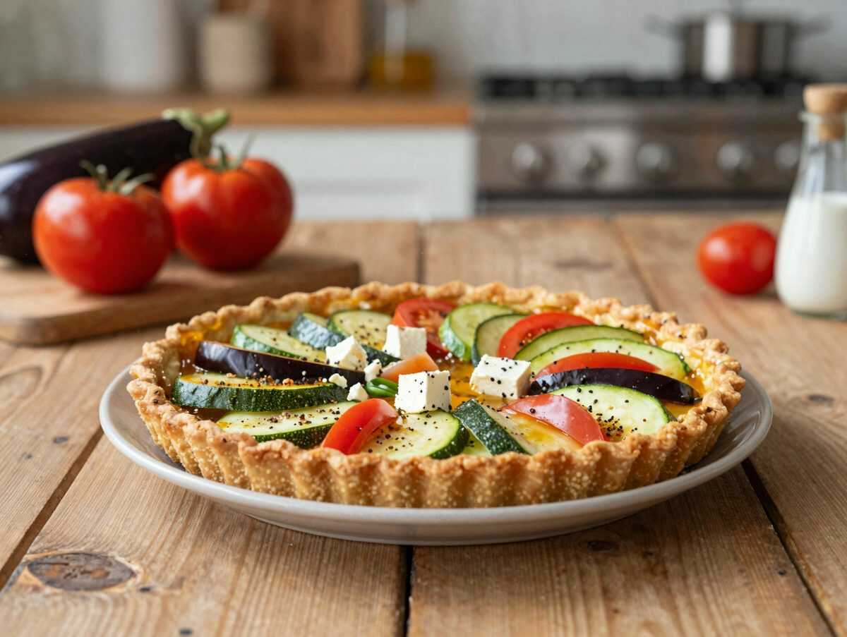 Mediterrane Gemüsetarte mit Zucchini, Aubergine, Tomaten und Feta