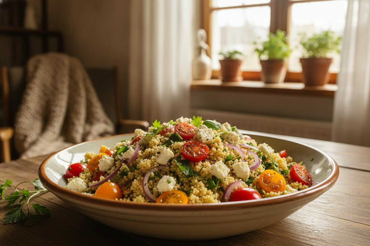 Mediterraner Couscous-Salat mit Feta, Tomaten und frischen Kräutern
