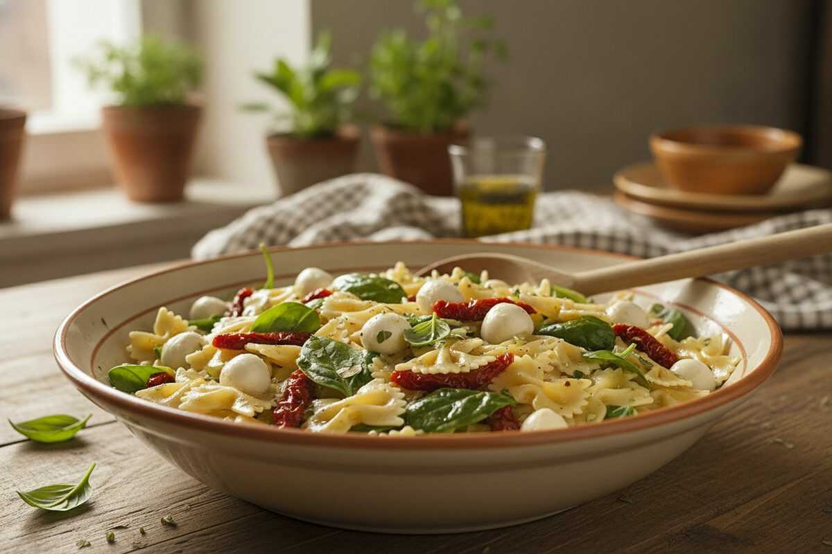 Mediterraner Farfalle-Salat mit Mozzarella, Spinat und getrockneten Tomaten